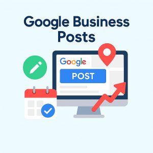 Flat-style illustration promoting Google Business Post Writing & Uploading service for local SEO visibility