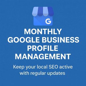 Flat design graphic showing calendar, profile management, and local SEO icons for monthly Google Business Profile service