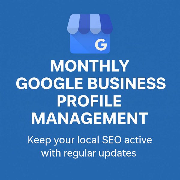 Flat design graphic showing calendar, profile management, and local SEO icons for monthly Google Business Profile service
