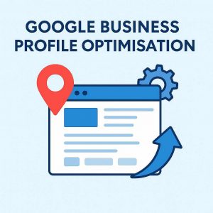Flat design illustration showing a Google Business Profile browser window with a red map pin, cogwheel, and upward arrow, symbolising optimisation for local SEO.