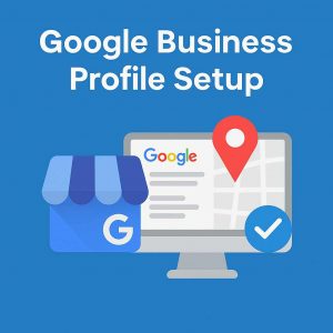 Illustration showing Google Business Profile setup, map pin, and local search results