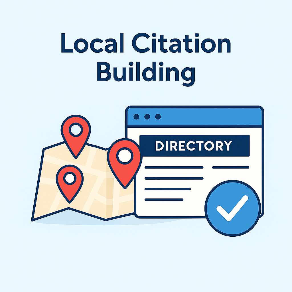 Flat design illustration showing a local map with red location pins next to a business directory page and a blue checkmark, representing local citation building.