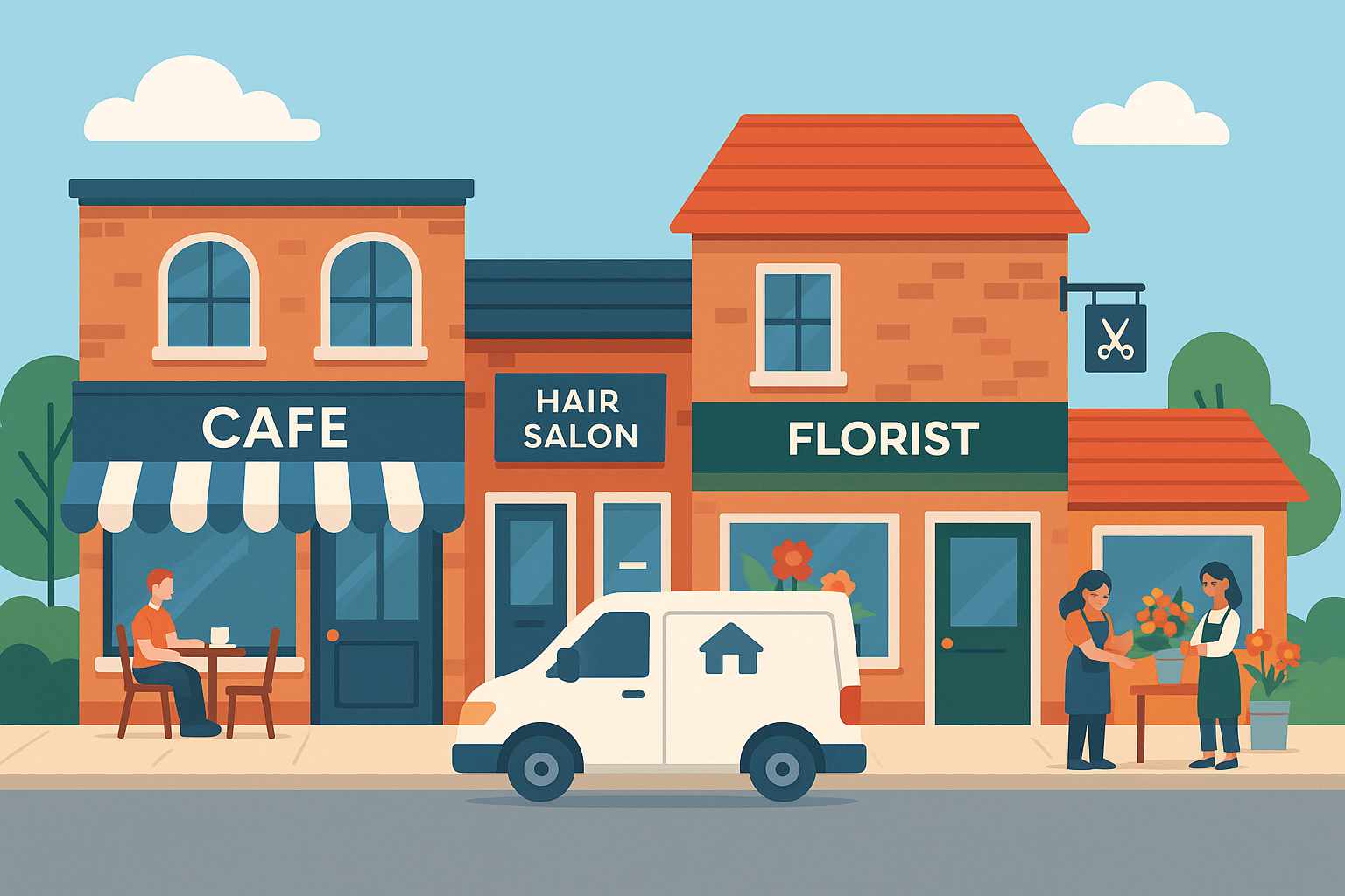 Flat design illustration of a British high street showing a café, hair salon, and florist with red brick buildings, a trades van parked outside, and people interacting, symbolising small local businesses in the UK.