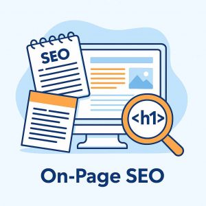 On-page SEO visual concept with webpage layout, settings gear, and optimisation indicators in a flat design style