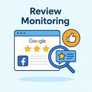 Flat design image showing a browser window with Google and Facebook logos, three yellow stars, a thumbs-up icon, and a magnifying glass highlighting a speech bubble with a star — representing review monitoring and strategy.