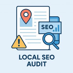 Illustration showing a local SEO audit process — magnifying glass over map, website analysis, and location markers.