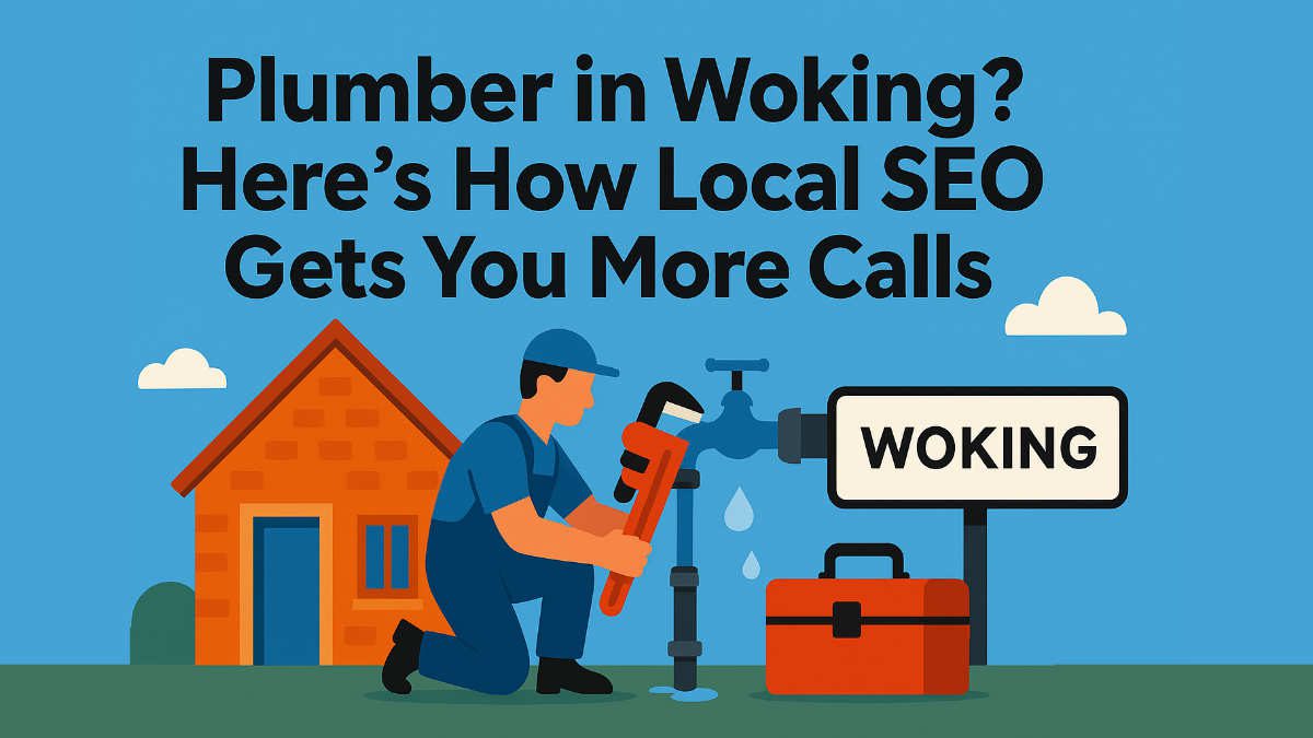 Plumber in Woking SEO header – flat illustration of plumber fixing leaking pipe with Woking sign.