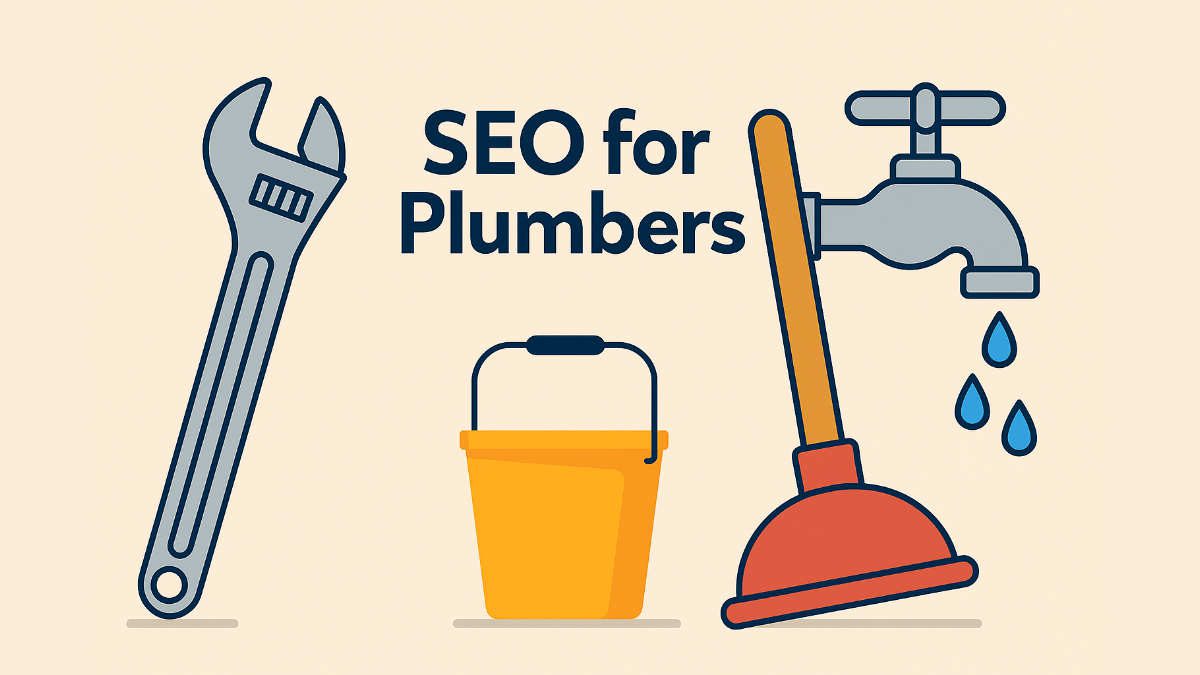 Flat design illustration of SEO for plumbers with spanner, plunger, and leaking tap