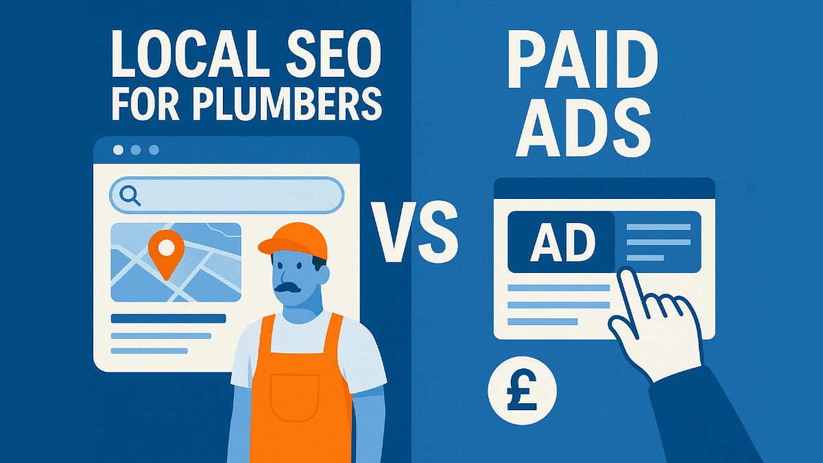 Local SEO for plumbers versus paid ads illustrated with search results and advertising icons