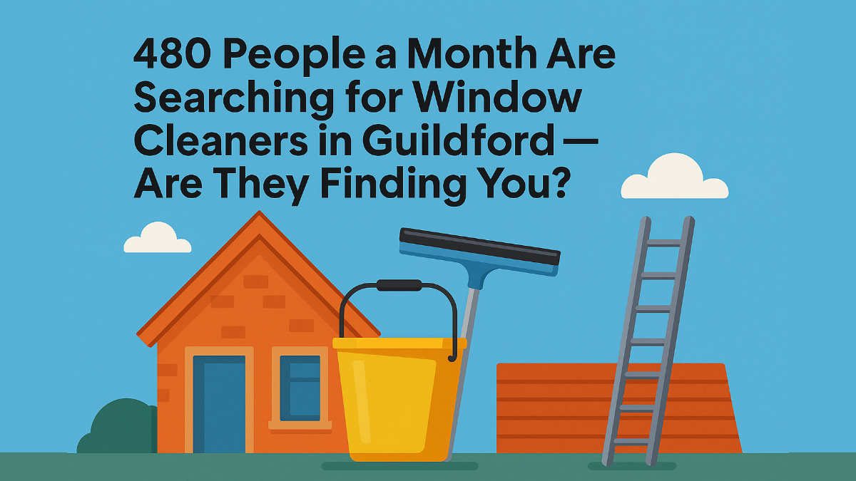 Flat-style illustration of a window cleaner in Guildford using a ladder, bucket, and squeegee – promotional blog image for local SEO tips