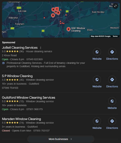 Screenshot of the Google Map Pack showing window cleaners in Guildford, highlighting local business listings and reviews