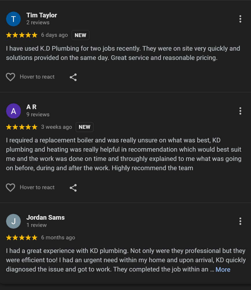 Plumber reviews example on Google