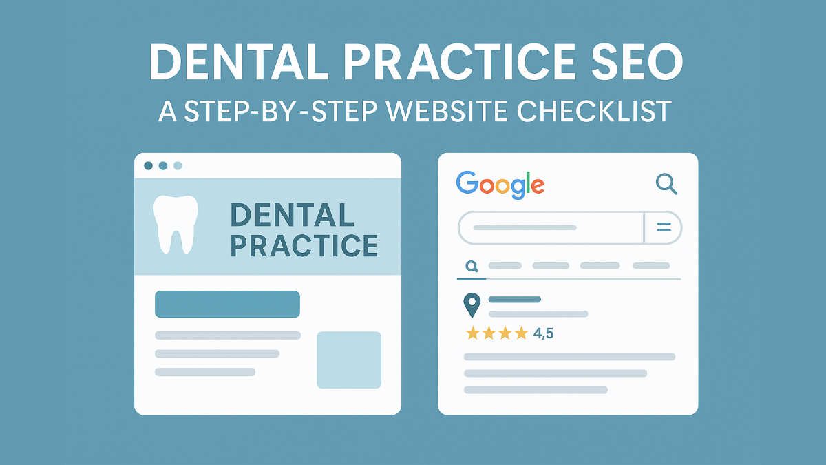 Dental practice SEO header image showing a dental website and Google search results interface