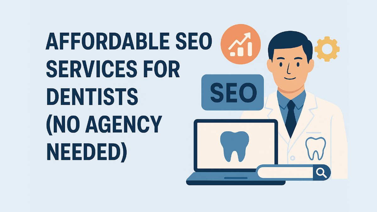 Flat design illustration of a dentist with laptop and SEO icons promoting affordable dental SEO agency alternatives for UK practices