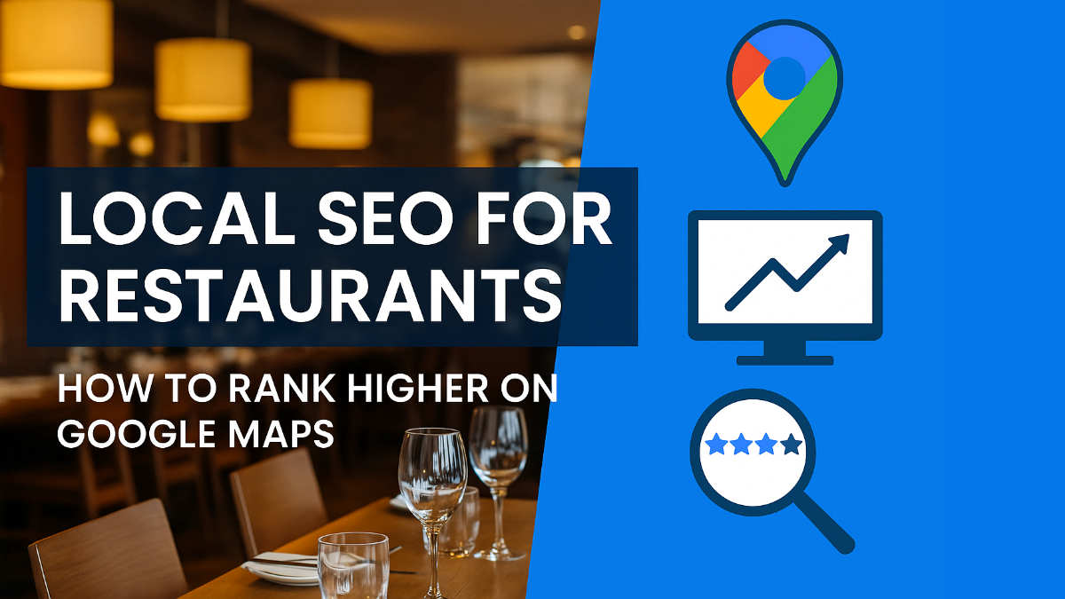 Local SEO for restaurants guide with Google Maps pin, ranking chart, and review stars illustration
