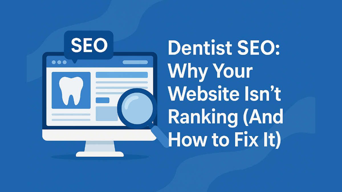 Illustration showing a dental website with SEO elements and a magnifying glass, representing dentist SEO and website rankings