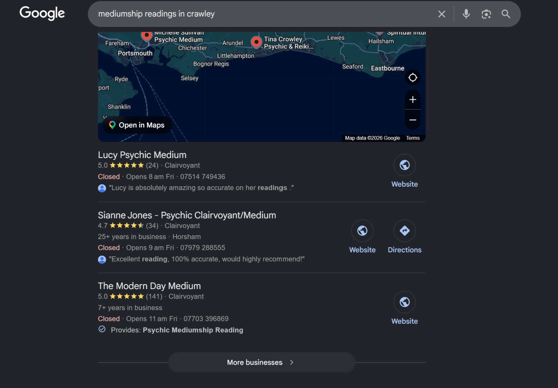 Lucy Psychic Medium ranking in Google Map Pack for mediumship readings in Crawleyprofile map pack