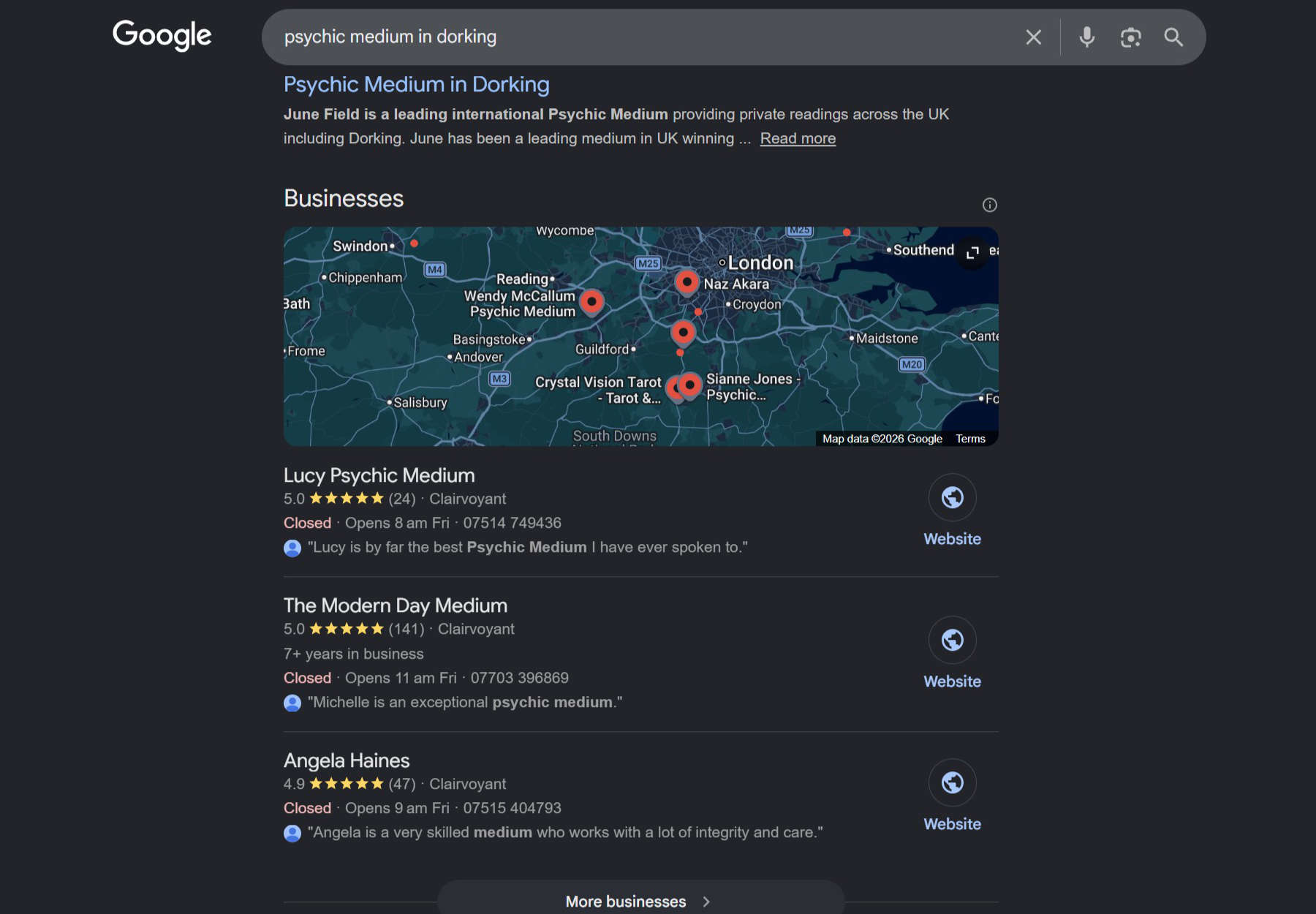 Lucy Psychic Medium ranking in Google Map Pack for psychic medium in Dorking