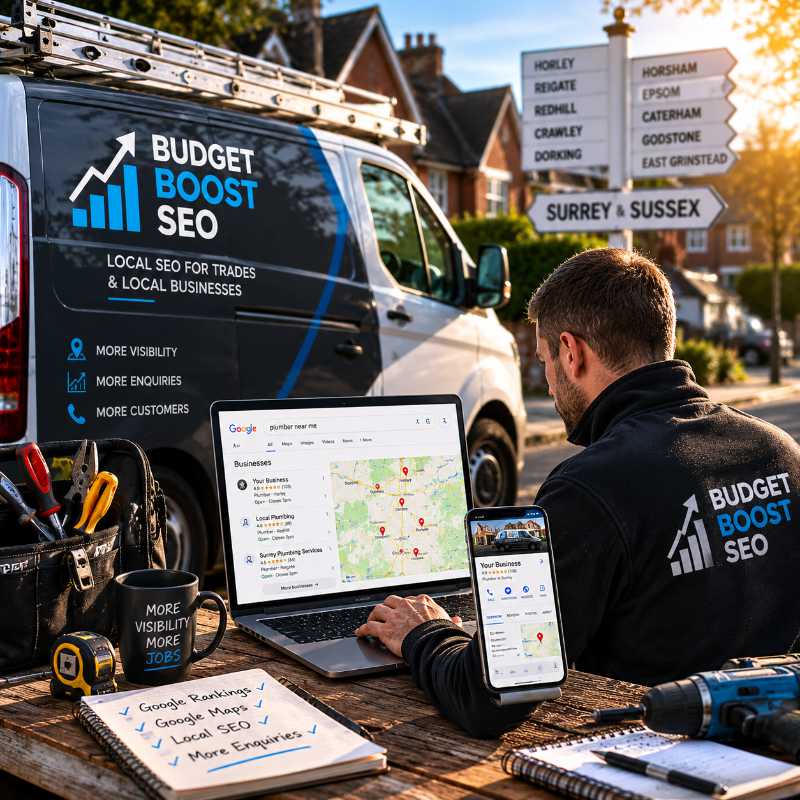 Local SEO coverage across Surrey and Sussex with village signpost pointing to Horley, Reigate, Redhill, Caterham, Epsom, East Grinstead, Godstone and surrounding locations.