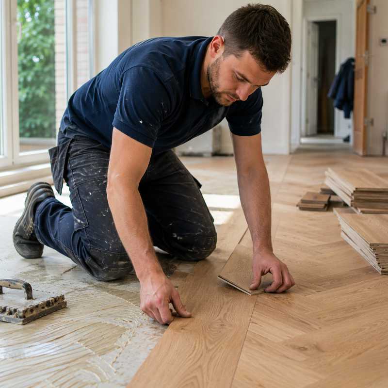 Professional flooring installer fitting flooring in a customer’s home for SEO for flooring companies