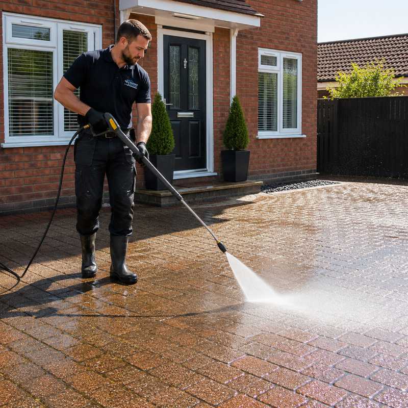 Pressure washing professional cleaning a customer’s driveway for SEO for pressure washing companies
