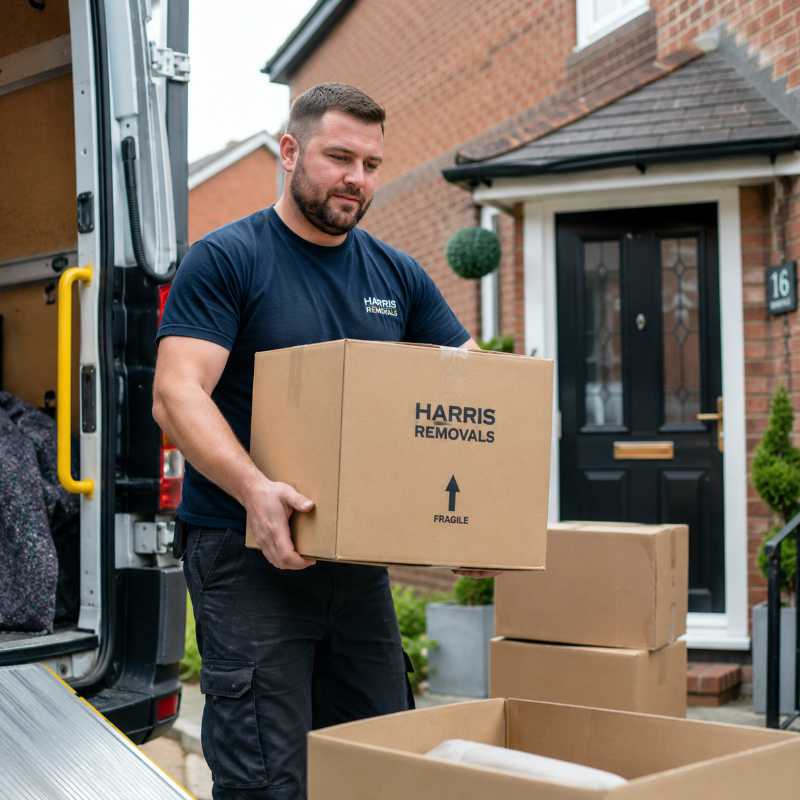 Professional removals team helping a customer move home for SEO for removal companies