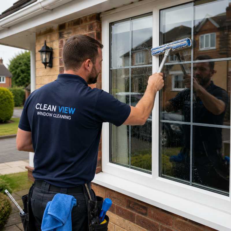 Professional window cleaner cleaning a homeowner’s windows for SEO for window cleaners